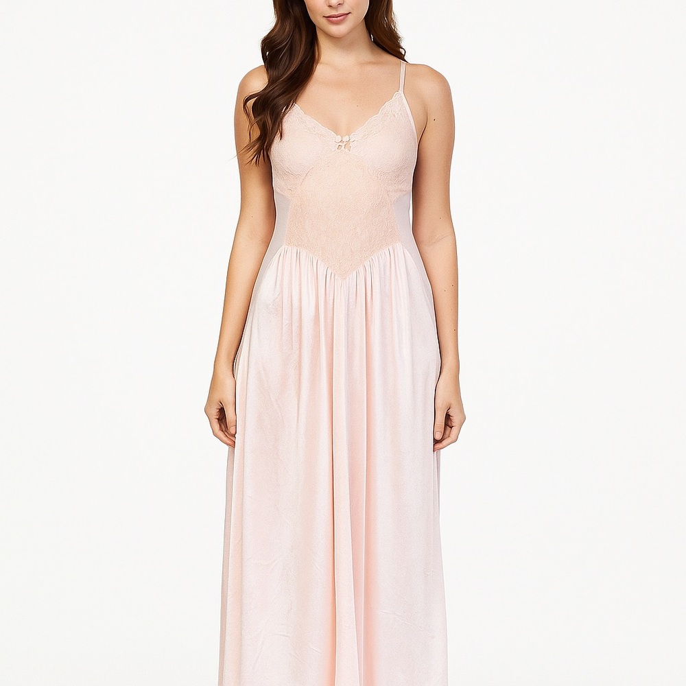 Frederick's of Hollywood Vintage Pale Pink Nylon Lace Nightgown Slip Dress